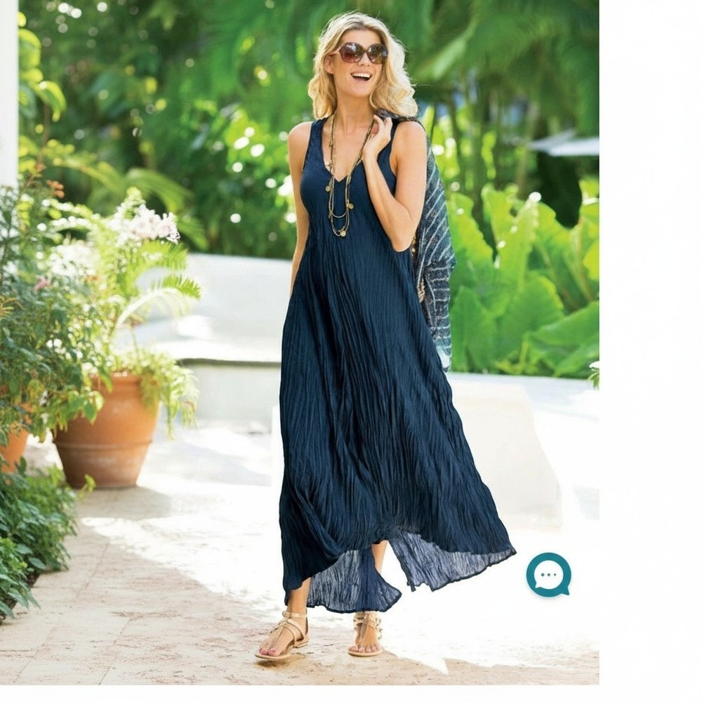 Soft Surroundings Gray Crinkle Maxi Dress Sleeveless V-Neck Flowy Textured L